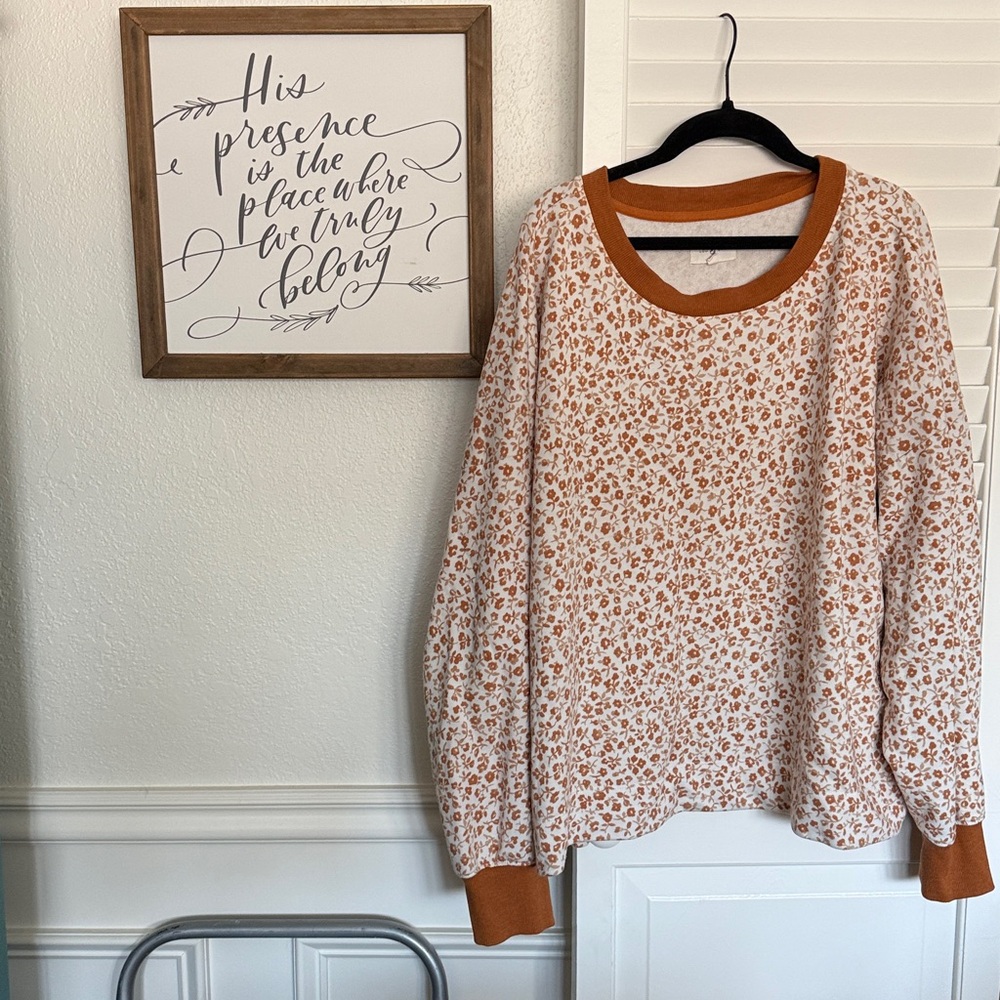 Lou & Grey size XL sweatshirt white orange floral cotton blend French terry